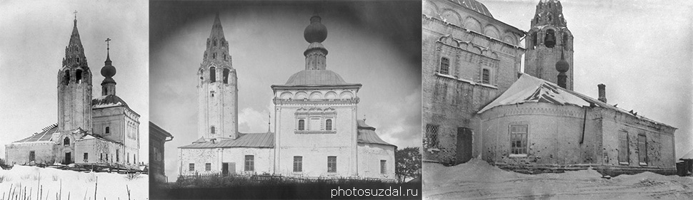 Первоначальный вид Тихвинской церкви с разрушенной колокольней на исторических фотографиях